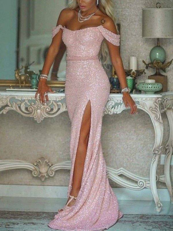 Trumpet/Mermaid Off-the-Shoulder Sequins Sleeveless Sash/Ribbon/Belt Sweep/Brush Train Dresses - RongMoon