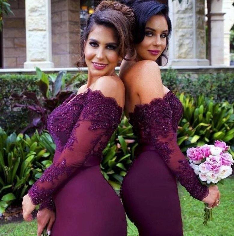 Burgundy Bridesmaid Dresses For Women Mermaid Off The Shoulder Lace Beaded Long Cheap Under 50 Wedding Party Dresses - RongMoon