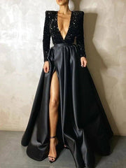 A-Line Sparkle Party Wear Formal Evening Dress V Neck Long Sleeve Floor Length Satin with Crystals Split - RongMoon