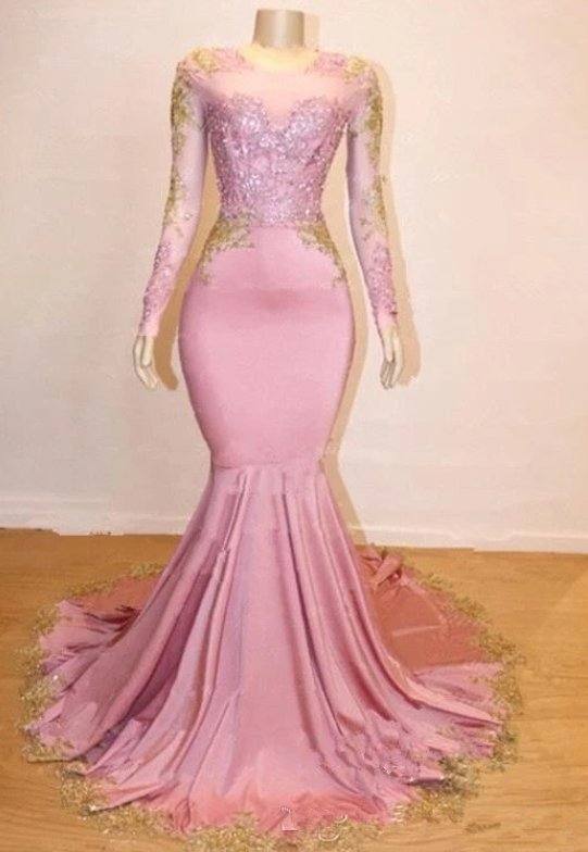 Pink Robe De Soiree Mermaid Long Sleeves Appliques Lace Beaded Sexy Long Prom Dresses Prom Gown Evening Dresses - RongMoon