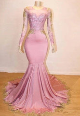 Pink Robe De Soiree Mermaid Long Sleeves Appliques Lace Beaded Sexy Long Prom Dresses Prom Gown Evening Dresses - RongMoon