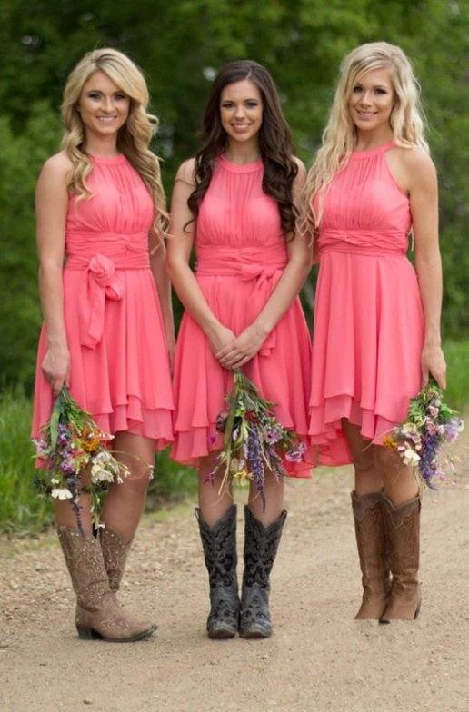 Watermelon Bridesmaid Dresses For Women A-line Chiffon Knee Length Long Cheap Under 50 Wedding Party Dresses - RongMoon