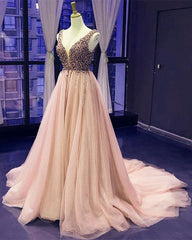 Luxurious Pearl Beaded V Neck Tulle Prom Dresses Long - RongMoon