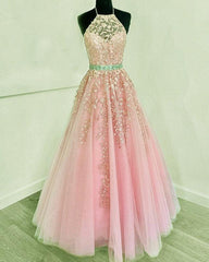 Halter Prom Dresses Tulle Ball Gown Appliques - RongMoon