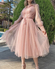 Long Sleeve Pink Tulle Midi Dress