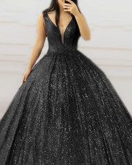 Plunge Neck Ball Gown Sequins Prom Dresses