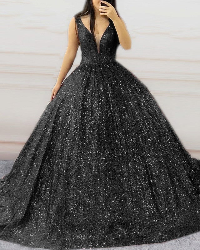Plunge Neck Ball Gown Sequins Prom Dresses