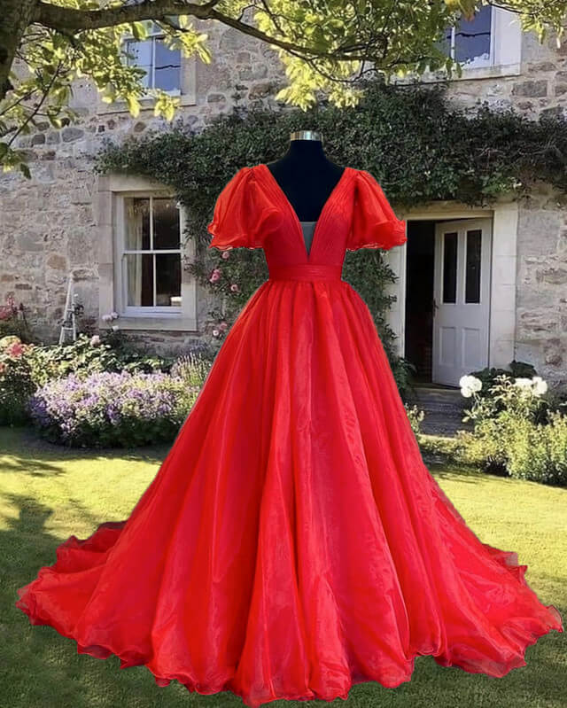 Red Puffy Sleeve Ball Gown V-neck Dress