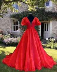 Red Puffy Sleeve Ball Gown V-neck Dress