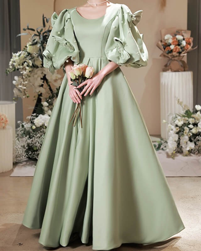 Modest Sage Satin Puffy Sleeve Dress With Bow