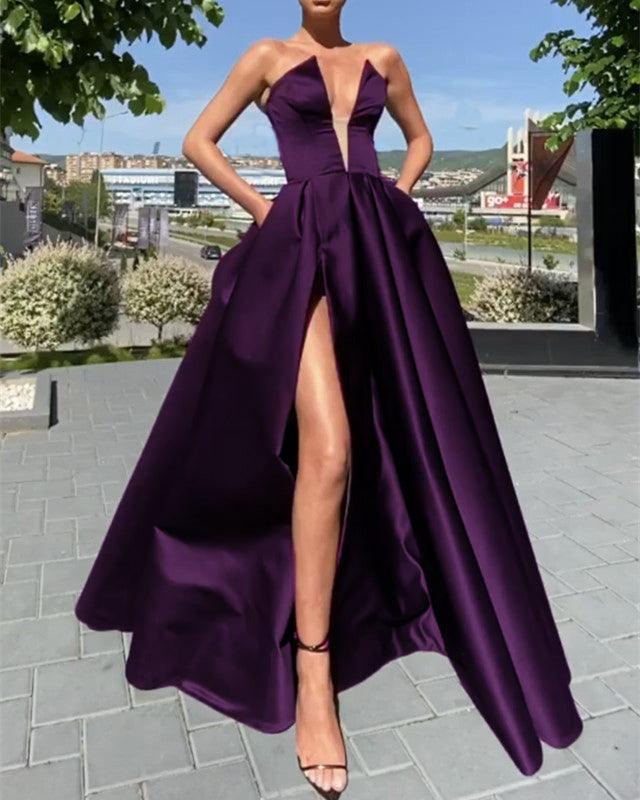 Strapless Satin Slit Prom Dresses With Pockets - RongMoon
