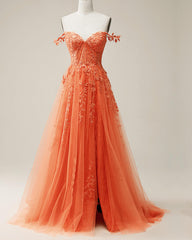 Orange A-line Tulle Split Dress With Lace Appliques