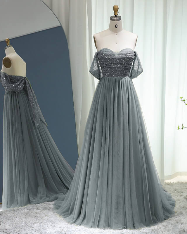 Silver Grey Tulle Off Shoulder Beading Dress