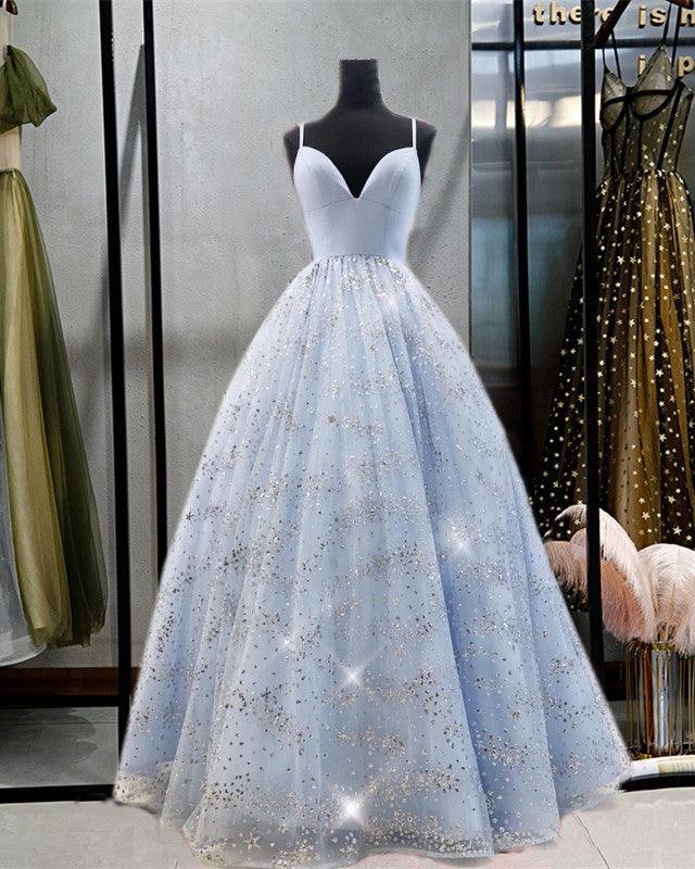Beaded Tulle Prom Dresses Ball Gown Plunge Neck - RongMoon