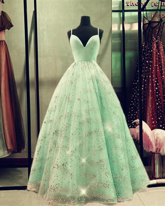 Beaded Tulle Prom Dresses Ball Gown Plunge Neck - RongMoon