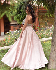 Halter Prom Dresses Long Satin Beaded Open Back