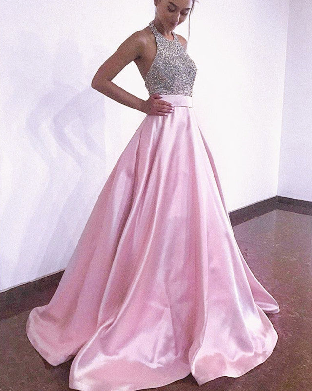 Halter Prom Dresses Long Satin Beaded Open Back