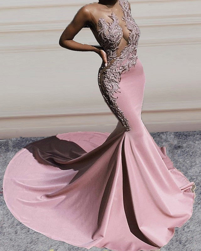 Lace Embroidery Prom Dresses Mermaid Sheer Neck