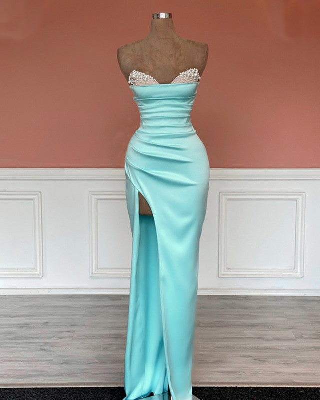 Mermaid Beaded Strapless Blue Satin Split Dress