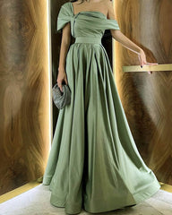 A-line Sage Satin Asymmetrical Neckline Dress