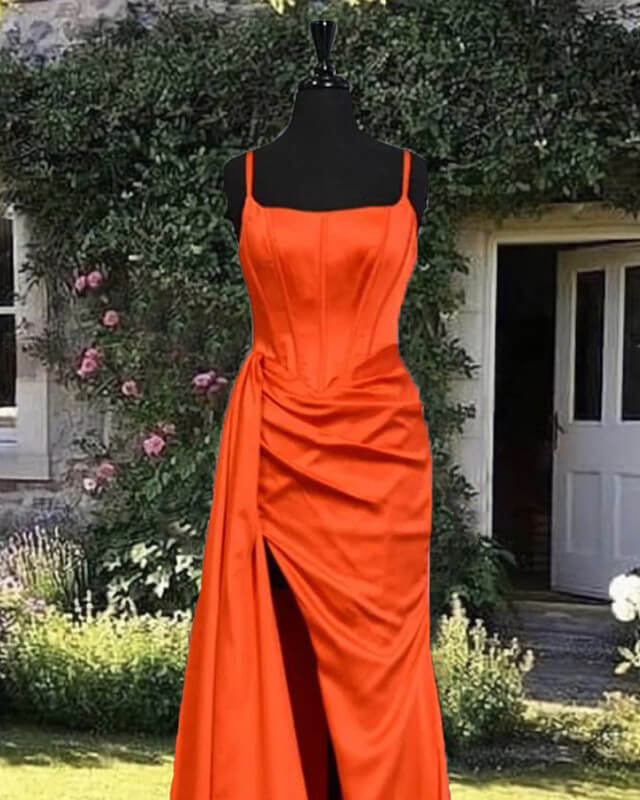 Mermaid Bright Orange Satin Split Dress