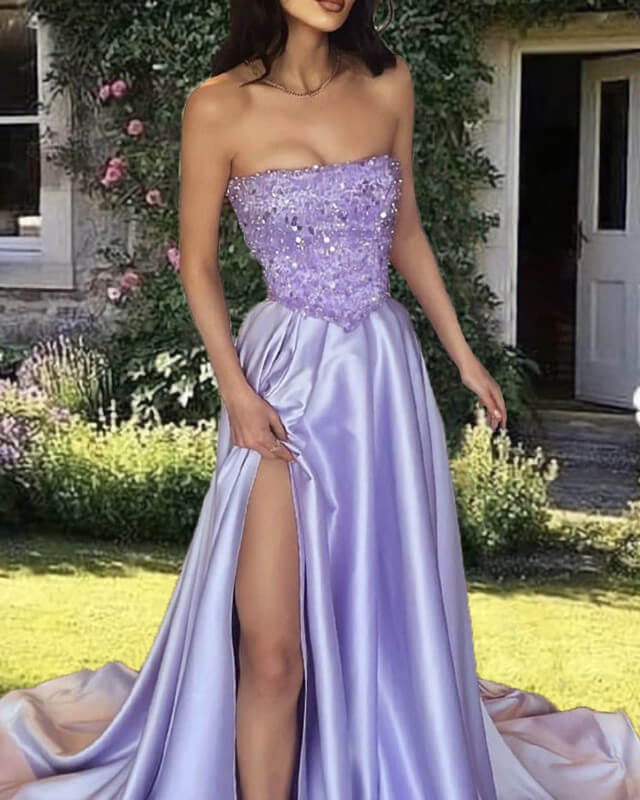 Lilac Sequin Strapless Split Satin Gown