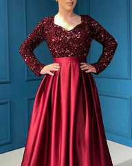 Modest Burgundy Satin V-neck Dress With Sequin Sleeves