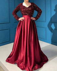 Modest Burgundy Satin V-neck Dress With Sequin Sleeves