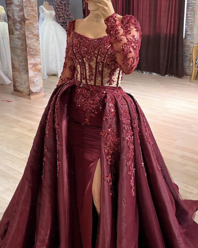 Burgundy Mermaid Sheer Lace Sleeve Satin Split Dress