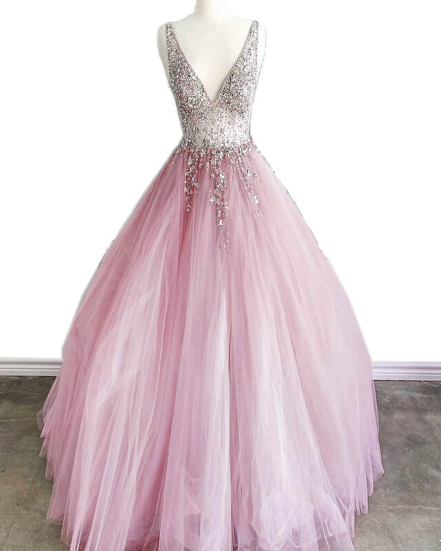 Dusty Pink Tulle Ball Gown Prom Dresses Beaded V-neck