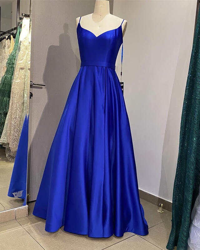 Long Royal Blue V Neck Prom Dress Spaghetti Strap