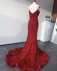 Mermaid Red Spaghetti Straps Velvet Sequin Prom Dress