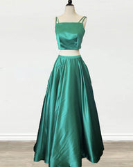 Two Piece Green Satin Prom Dress With Straps