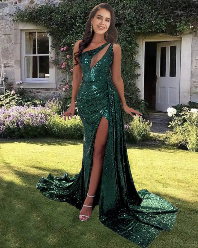 Mermaid Emerald Green Sequin One Shoulder Dress