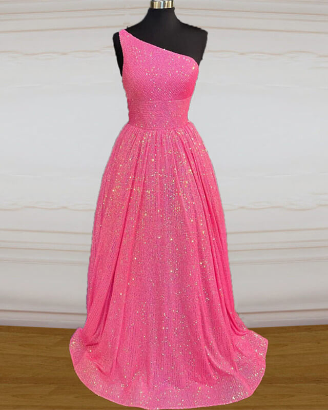 Hot Pink Sequin Prom Dress One Shoulder