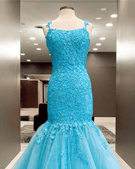 Mermaid Ice Blue Prom Dresses Lace Embroidery