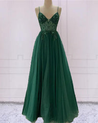 Emerald Green Tulle Prom Dress Beaded V Neck