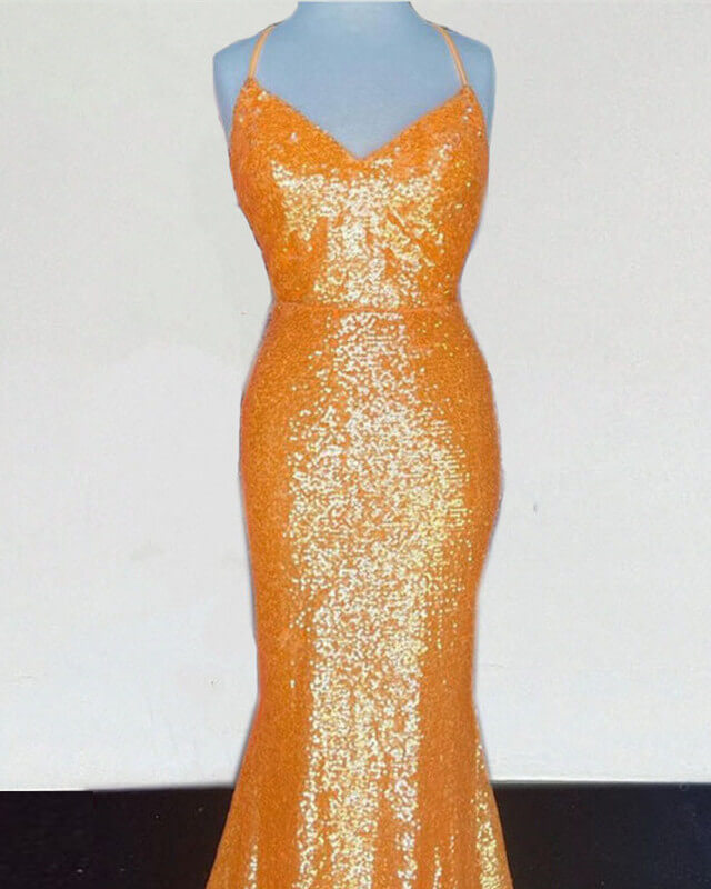 Mermaid Orange Sequin V Neck Dress
