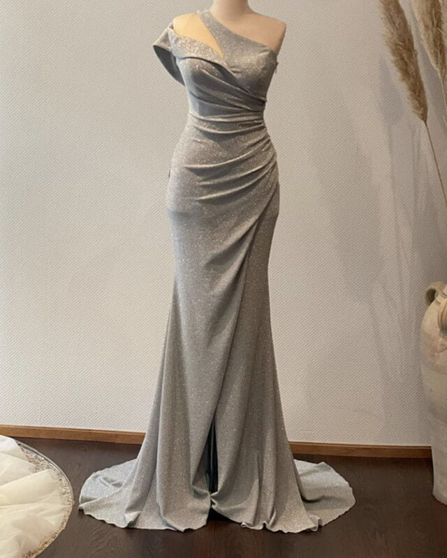 Mermaid Silver Glitter Dress One Shoulder Split