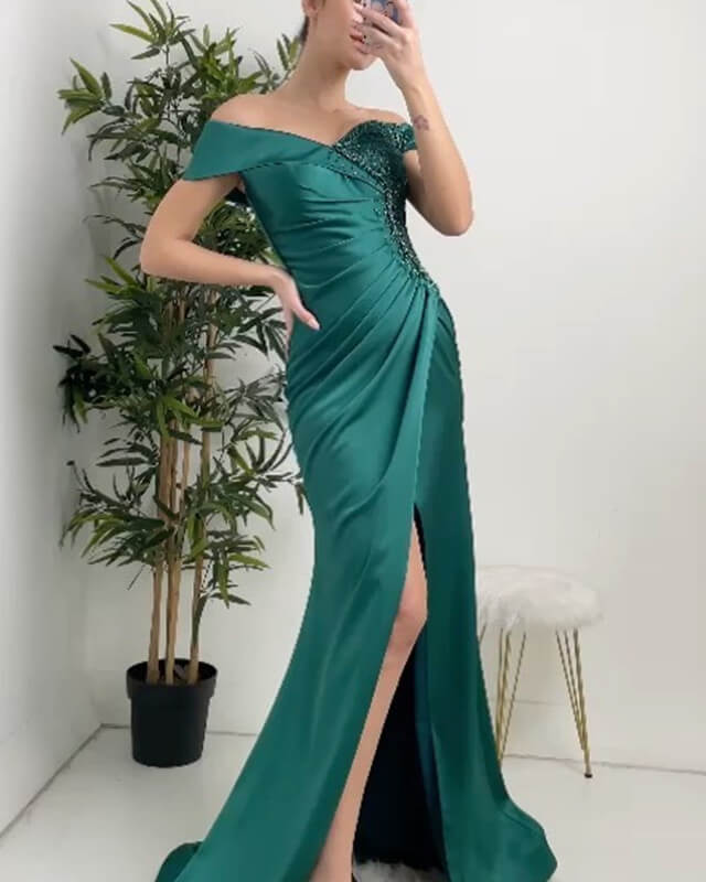 Mermaid Green Satin Split Beaded Dress