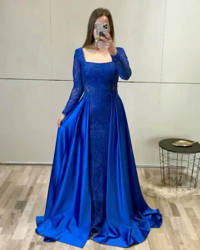 Modest Royal Blue Lace Sleeve Floor Length Satin Gown