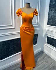 Mermaid Orange Satin Cap Sleeve Slit Dress