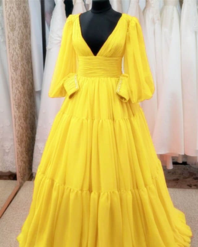 Yellow Puffy Sleeves Ball Gown Tulle Prom Dresses