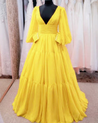 Yellow Puffy Sleeves Ball Gown Tulle Prom Dresses