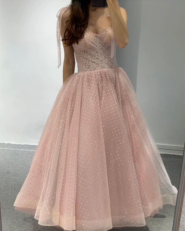 Pink Tulle Midi Corset Prom Dresses