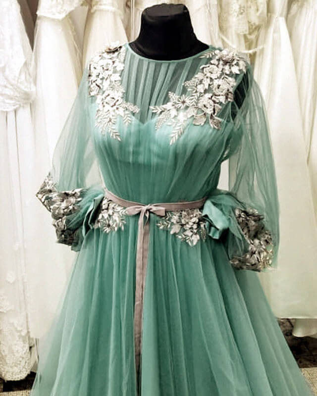 Long Sleeve Sage Green Tulle Dress With Lace Embroidery