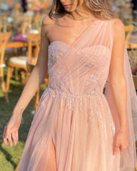 Pink Tulle One Shoulder Split Corset Dress