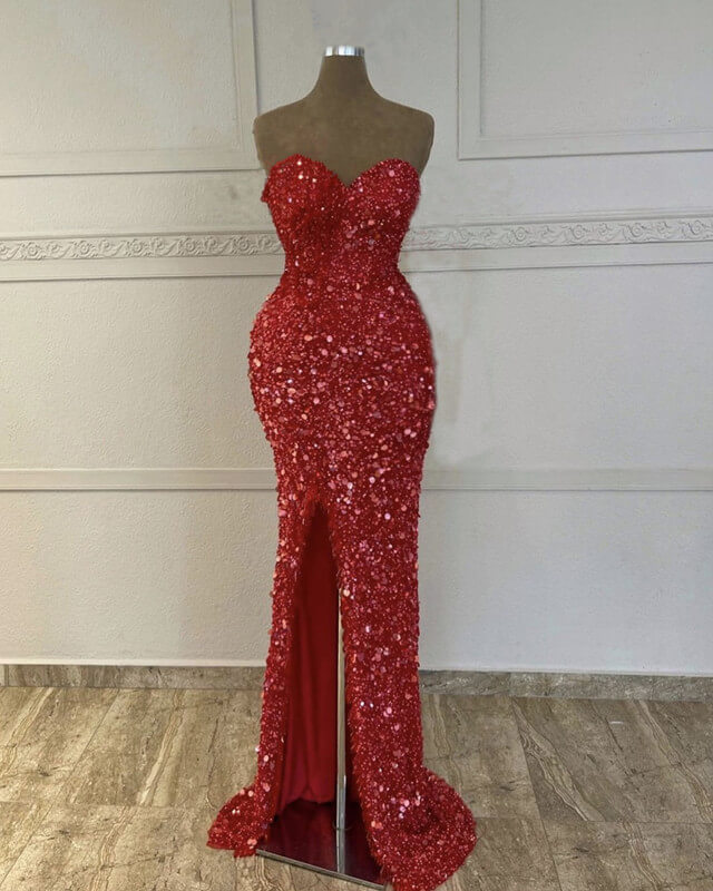Mermaid Red Sequin Strapless Gown