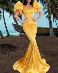 Mermaid Bright Yellow Puffy Sleeve Satin Dress