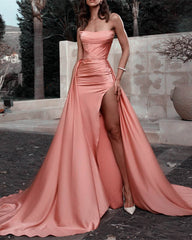 Mermaid Peach Satin Sleeveless Split Dress